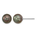 14k WG 9-10mm Black Round Saltwater Cultured Tahitian Pearl Post Earrings