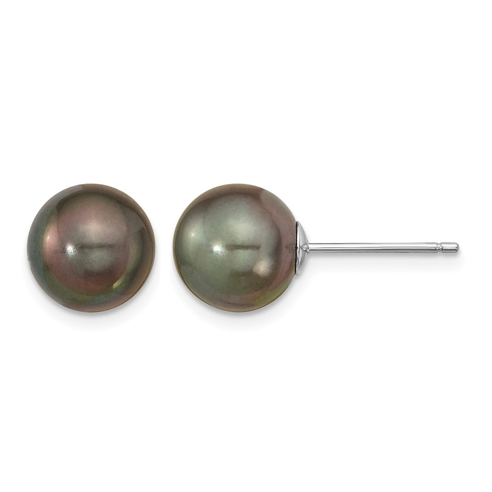 14k WG 9-10mm Black Round Saltwater Cultured Tahitian Pearl Post Earrings