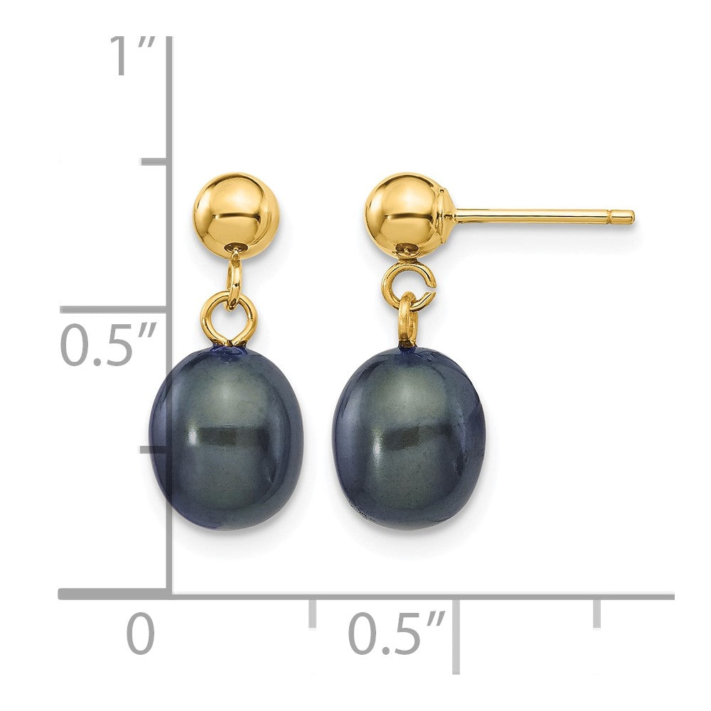 14k 7-8mm Black Rice Freshwater Cultured Pearl Post Dangle Earrings