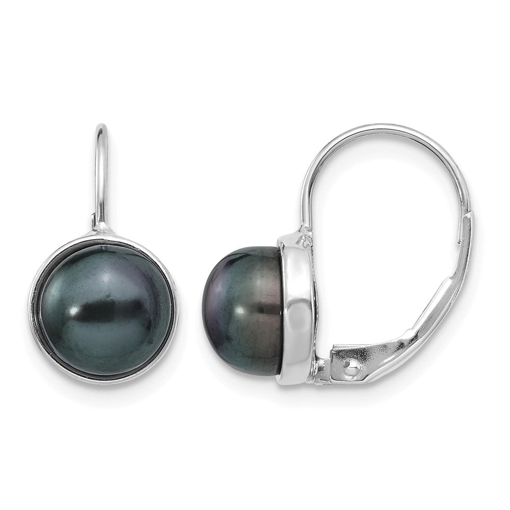14K White Gold 6-7mm Black Button FW Cultured Pearl Leverback Earrings