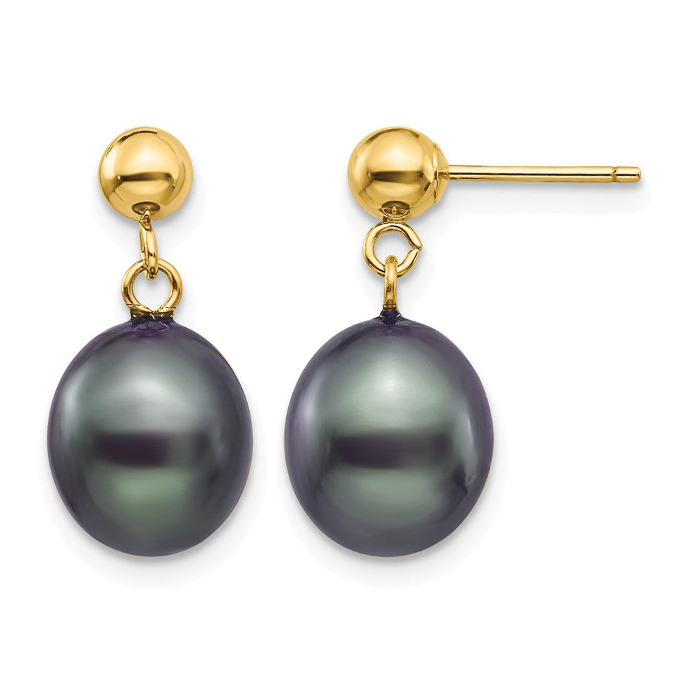 14k 8-9mm Black Rice Freshwater Cultured Pearl Post Dangle Earrings
