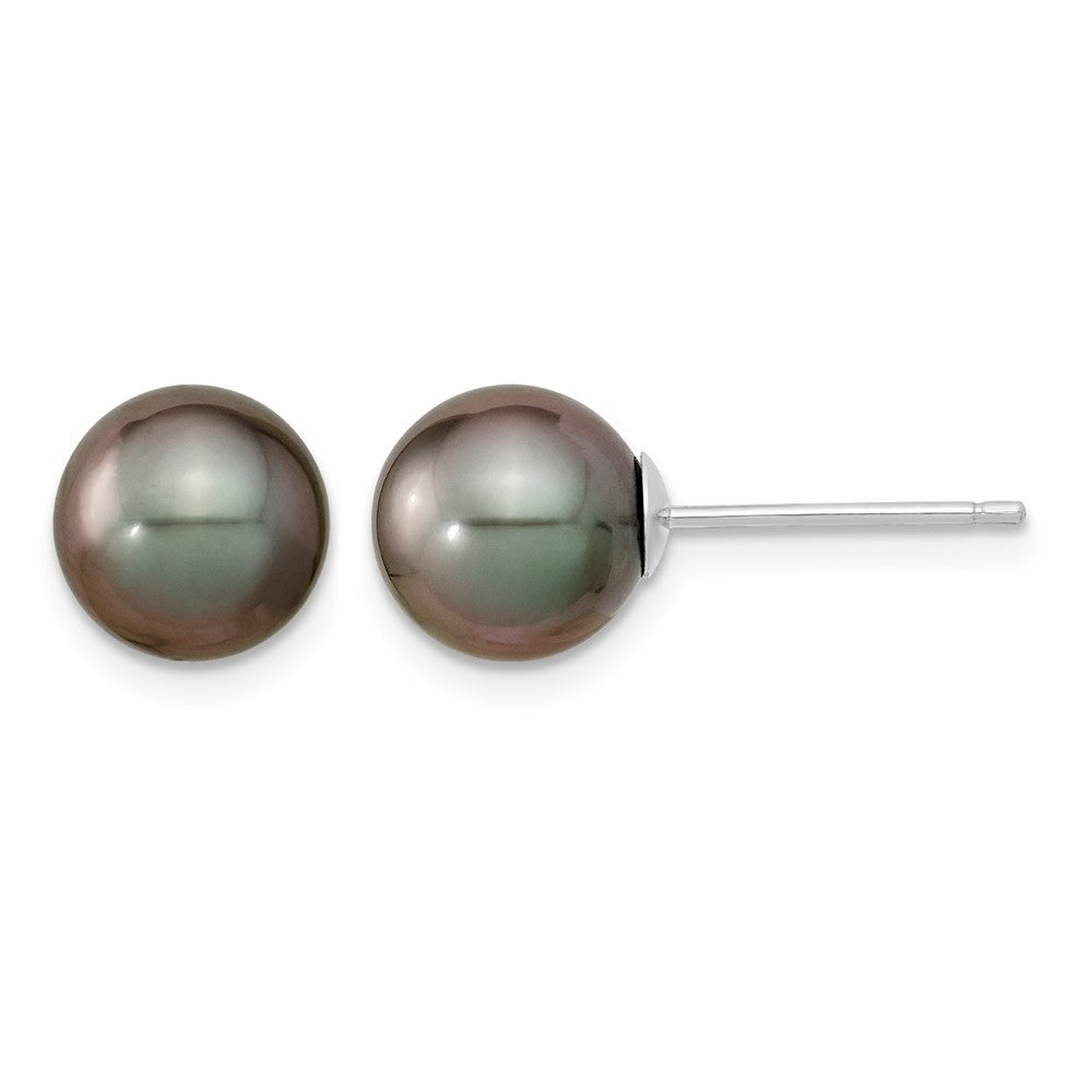 14k WG 8-9mm Black Round Saltwater Cultured Tahitian Pearl Post Earrings