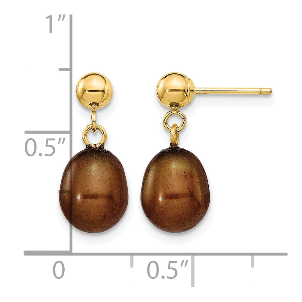 14k 7-8mm Brown Rice Freshwater Cultured Pearl Post Dangle Earrings
