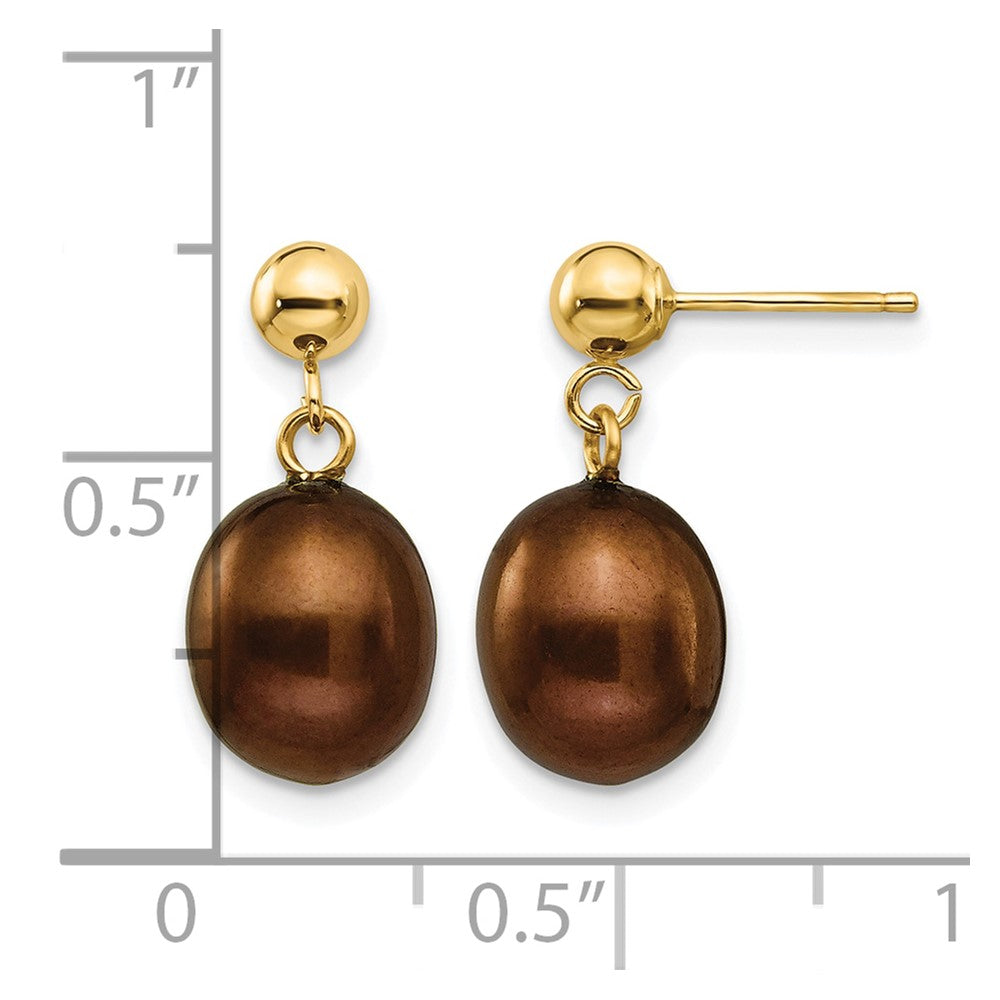14k 8-9mm Brown Freshwater Cultured Pearl Post Dangle Earrings