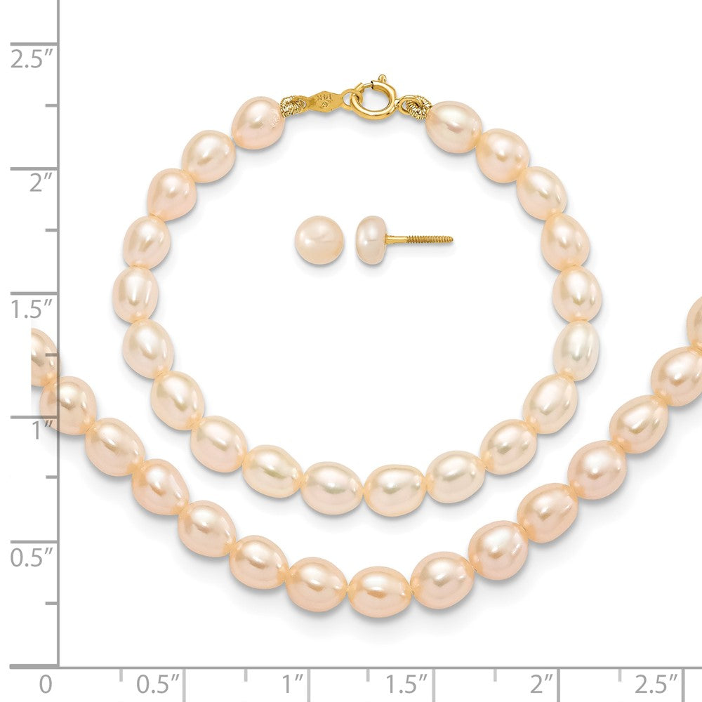 14k Pink FW Cultured Pearl 12"" Necklace, 5"" Bracelet & Earring Set