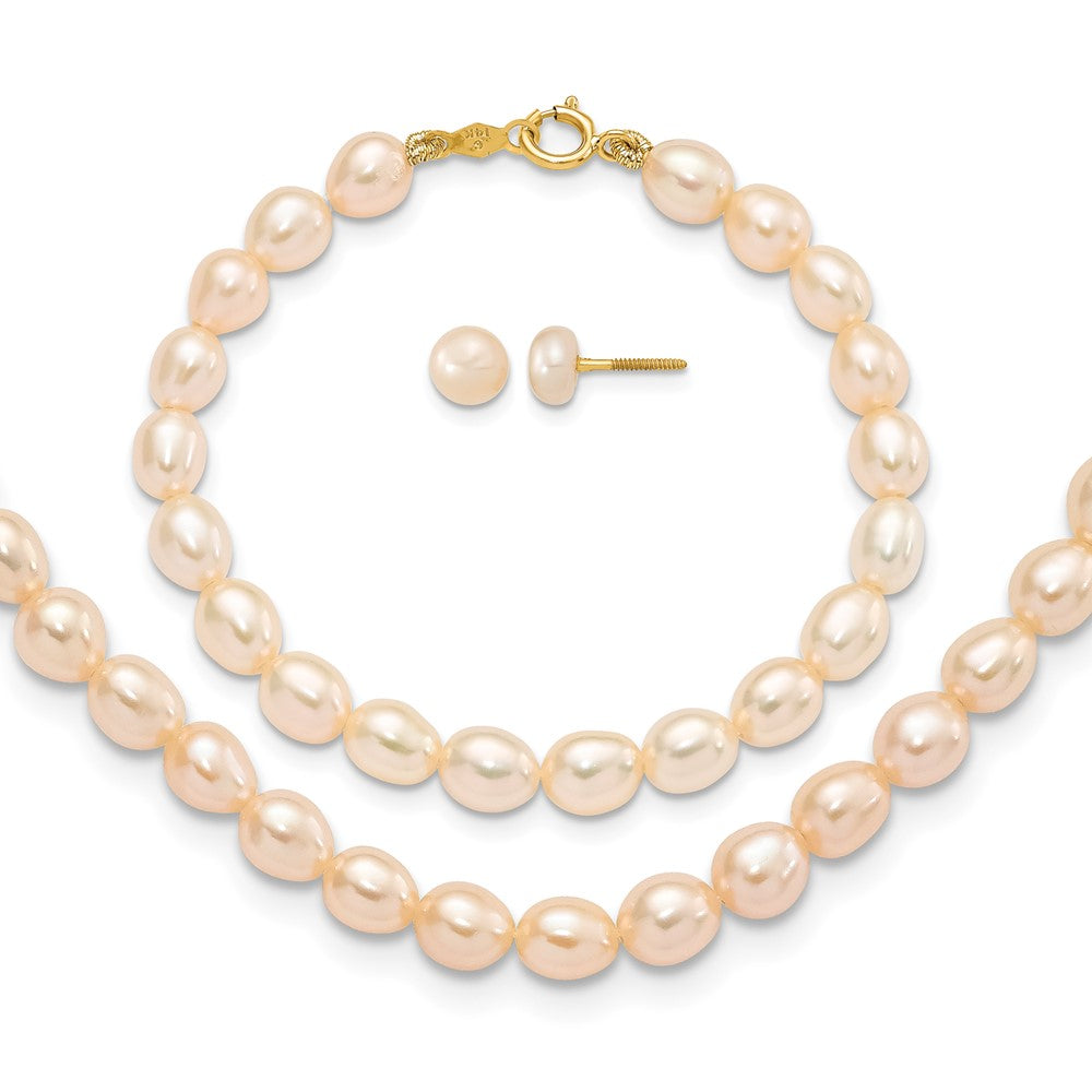 14k Pink FW Cultured Pearl 12"" Necklace, 5"" Bracelet & Earring Set