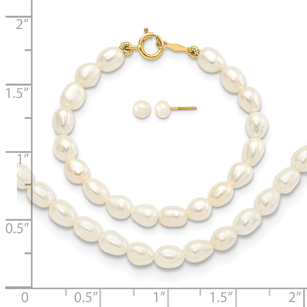 14k White FW Cultured Pearl 12"" Necklace, 4"" Bracelet & Earring Set
