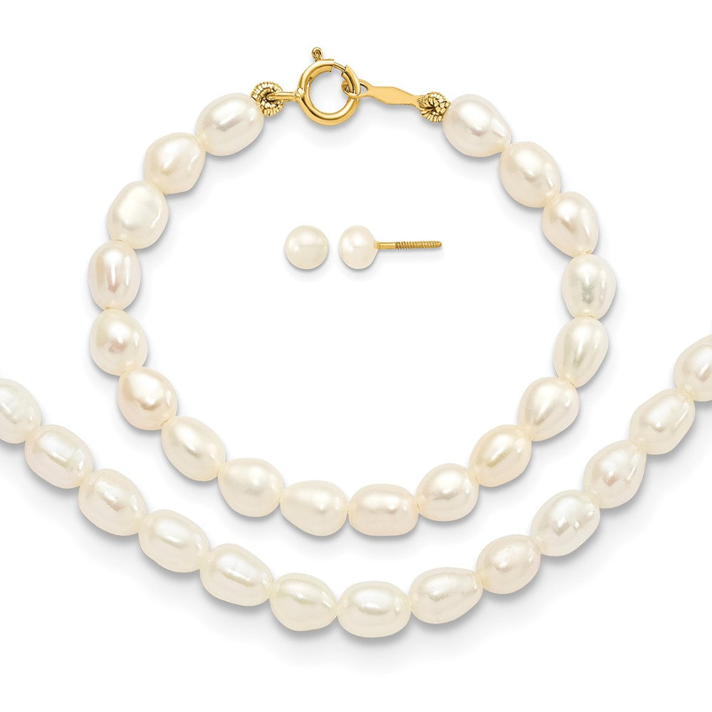 14k White FW Cultured Pearl 12"" Necklace, 4"" Bracelet & Earring Set