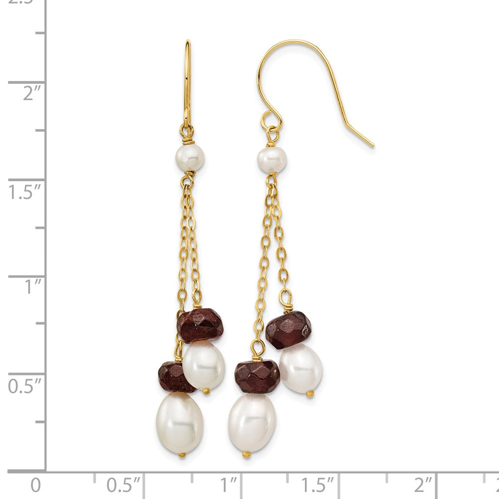 14K White Freshwater Cultured Pearl Garnet Double Chain Dangle Earrings