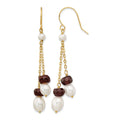 14K White Freshwater Cultured Pearl Garnet Double Chain Dangle Earrings