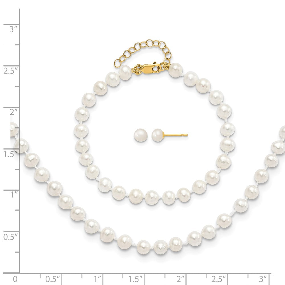 14k 4-5mm FW Cultured Pearl 5 w/1 ext Bracelet 14 w/1 ext Neck Earring Set