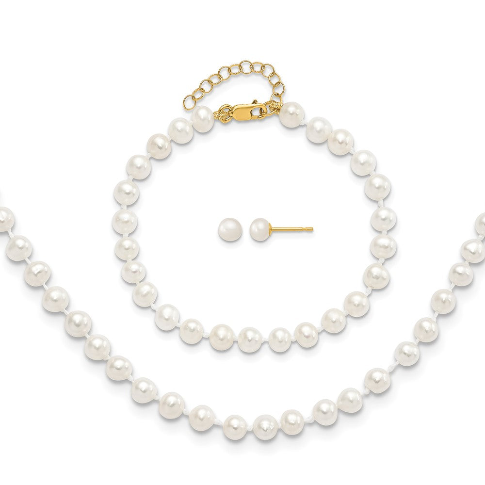 14k 4-5mm FW Cultured Pearl 5 w/1 ext Bracelet 14 w/1 ext Neck Earring Set