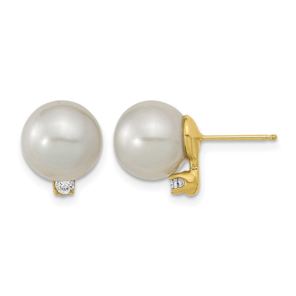 14k 9-10mm White Saltwater Cultured South Sea Pearl .10ct Dia Earrings