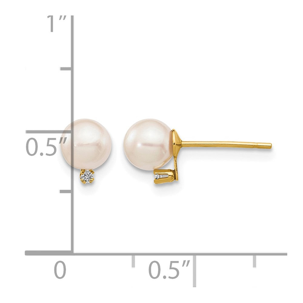 14k 5-6mm White Round Saltwater Akoya Cultured Pearl Diamond Post Earrings