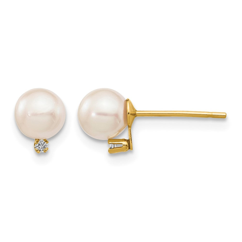 14k 5-6mm White Round Saltwater Akoya Cultured Pearl Diamond Post Earrings