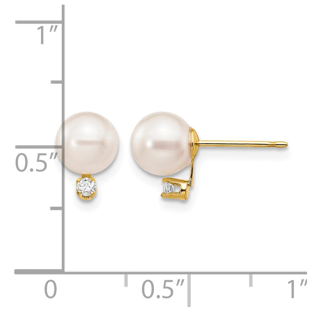 14k 6-7mm White Round Saltwater Akoya Cultured Pearl Diamond Post Earrings