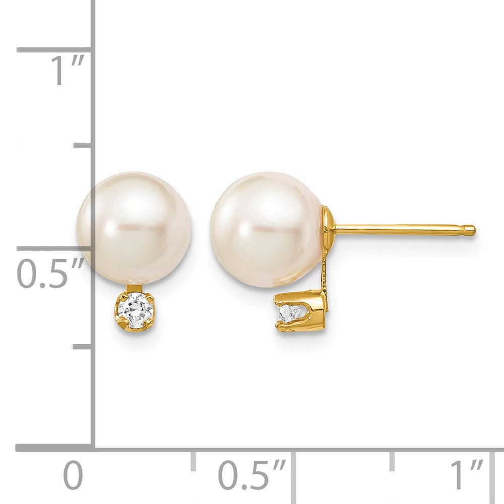 14k 7-8mm White Round Saltwater Akoya Cultured Pearl Diamond Post Earrings