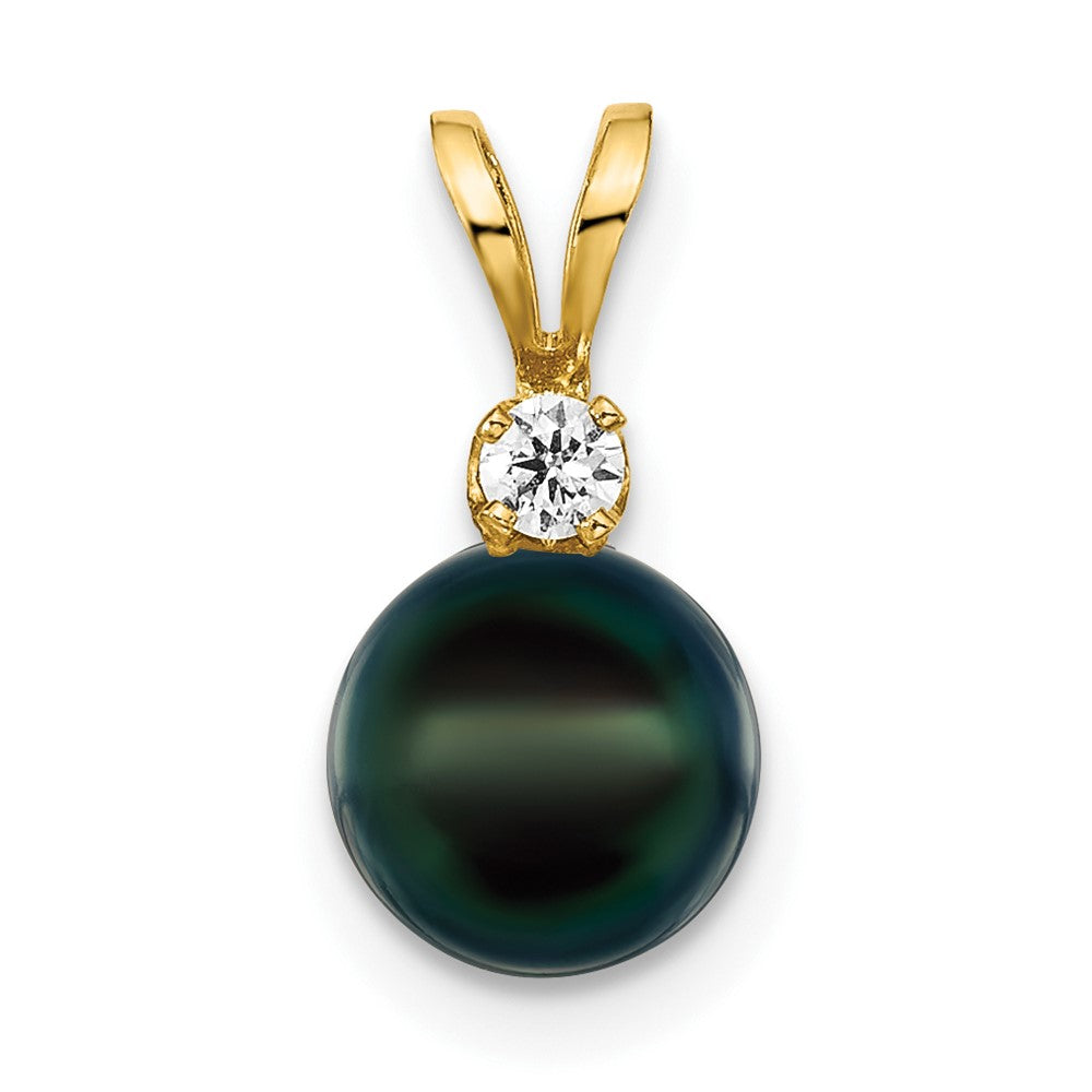 14k 7-8mm Black Round Saltwater Akoya Cultured Pearl Diamond Pendant