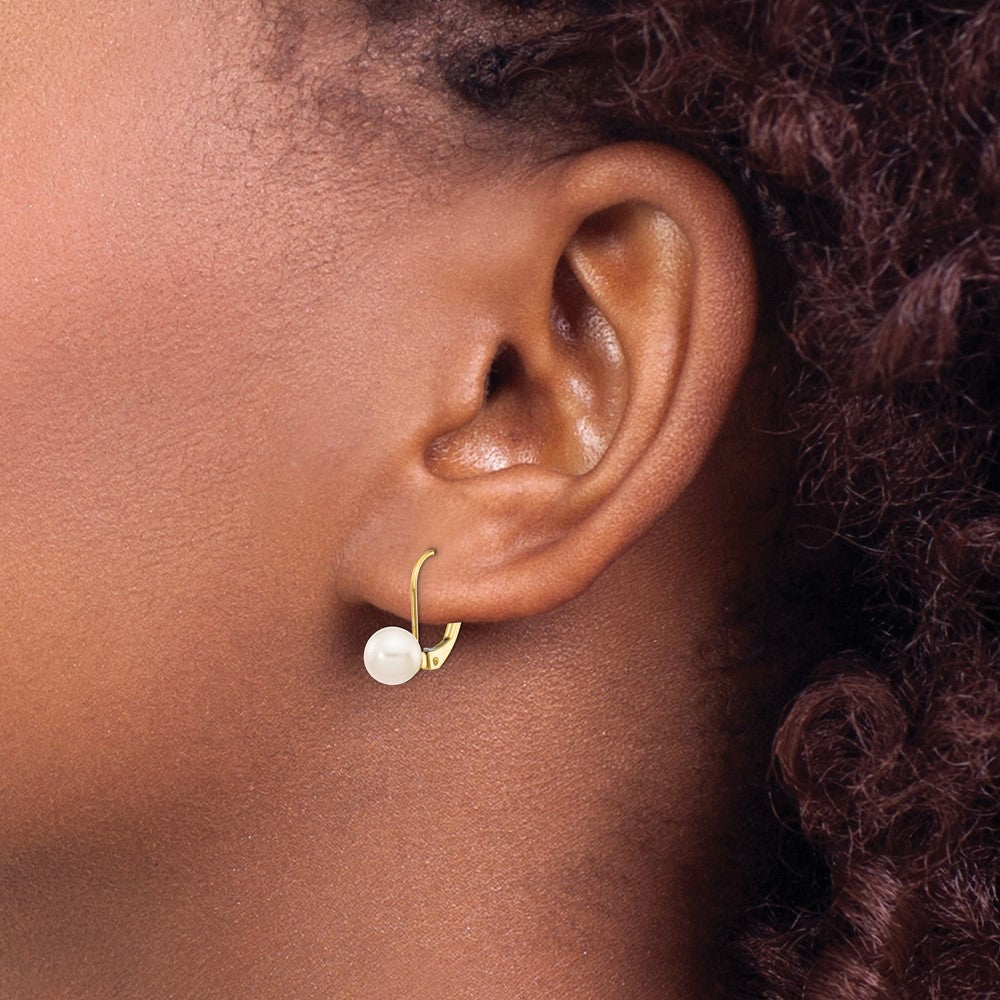 14k 6-7mm White Round Saltwater Akoya Cultured Pearl Leverback Earrings