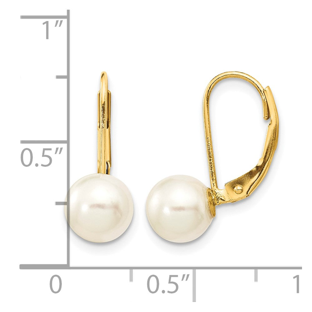 14k 7-8mm White Round Saltwater Akoya Cultured Pearl Leverback Earrings