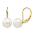 14k 8-9mm White Round Saltwater Akoya Cultured Pearl Leverback Earrings
