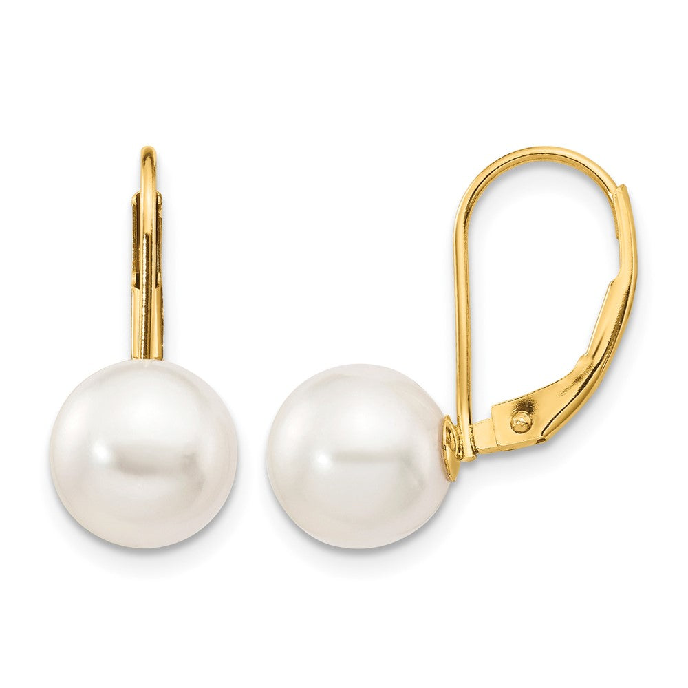 14k 8-9mm White Round Saltwater Akoya Cultured Pearl Leverback Earrings