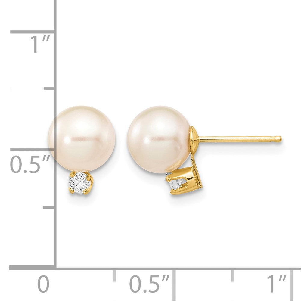 14k 7-8mm White Round Freshwater Cultured Pearl .10ct Diamond Post Earrings