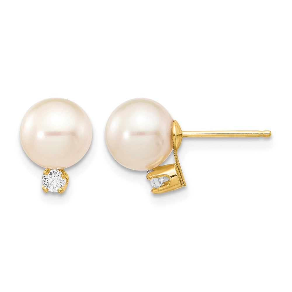 14k 7-8mm White Round Freshwater Cultured Pearl .10ct Diamond Post Earrings