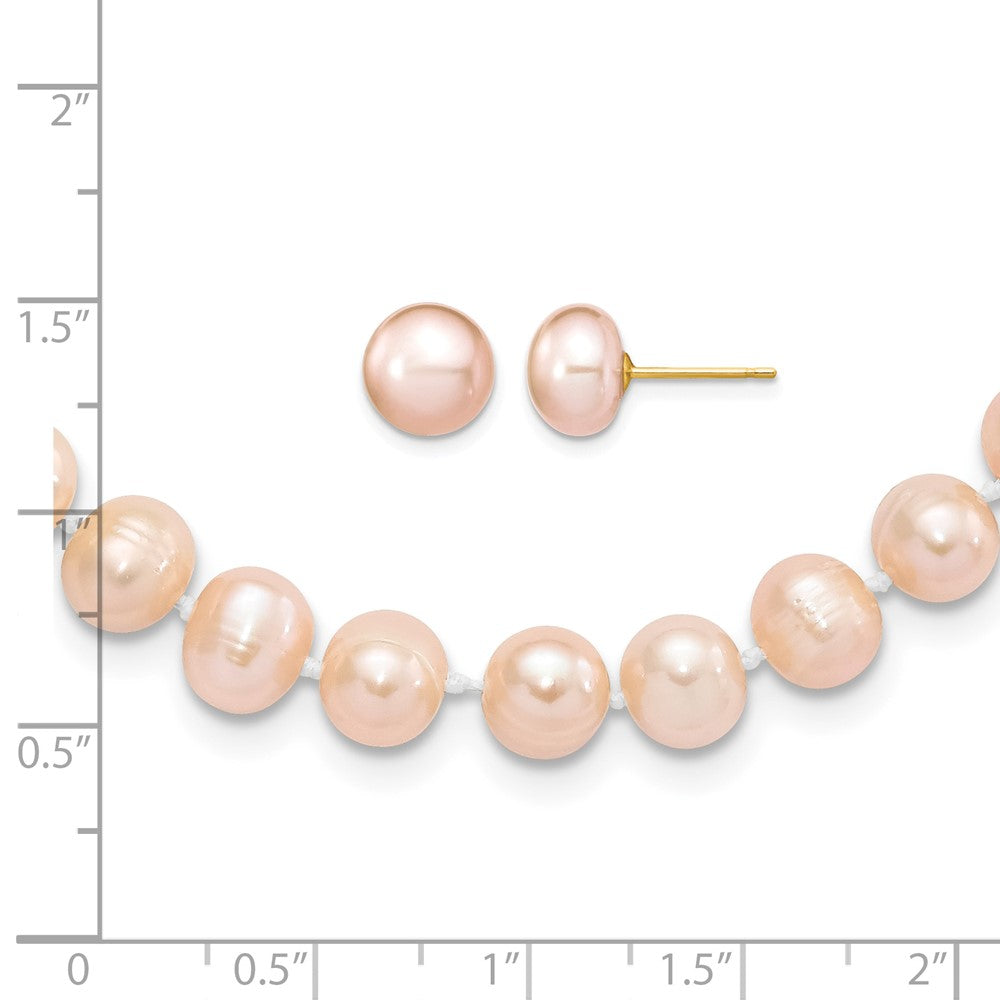 14k 7-8mm Near Round Pink FWC Pearl Necklace and Button Earring Set