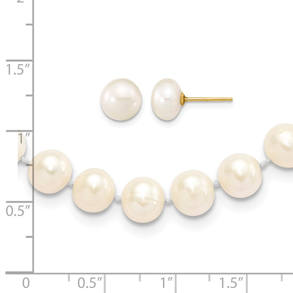 14K 7-8mm Near Round White FWC Pearl Necklace & Button Earring Set