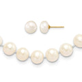 14K 7-8mm Near Round White FWC Pearl Necklace & Button Earring Set