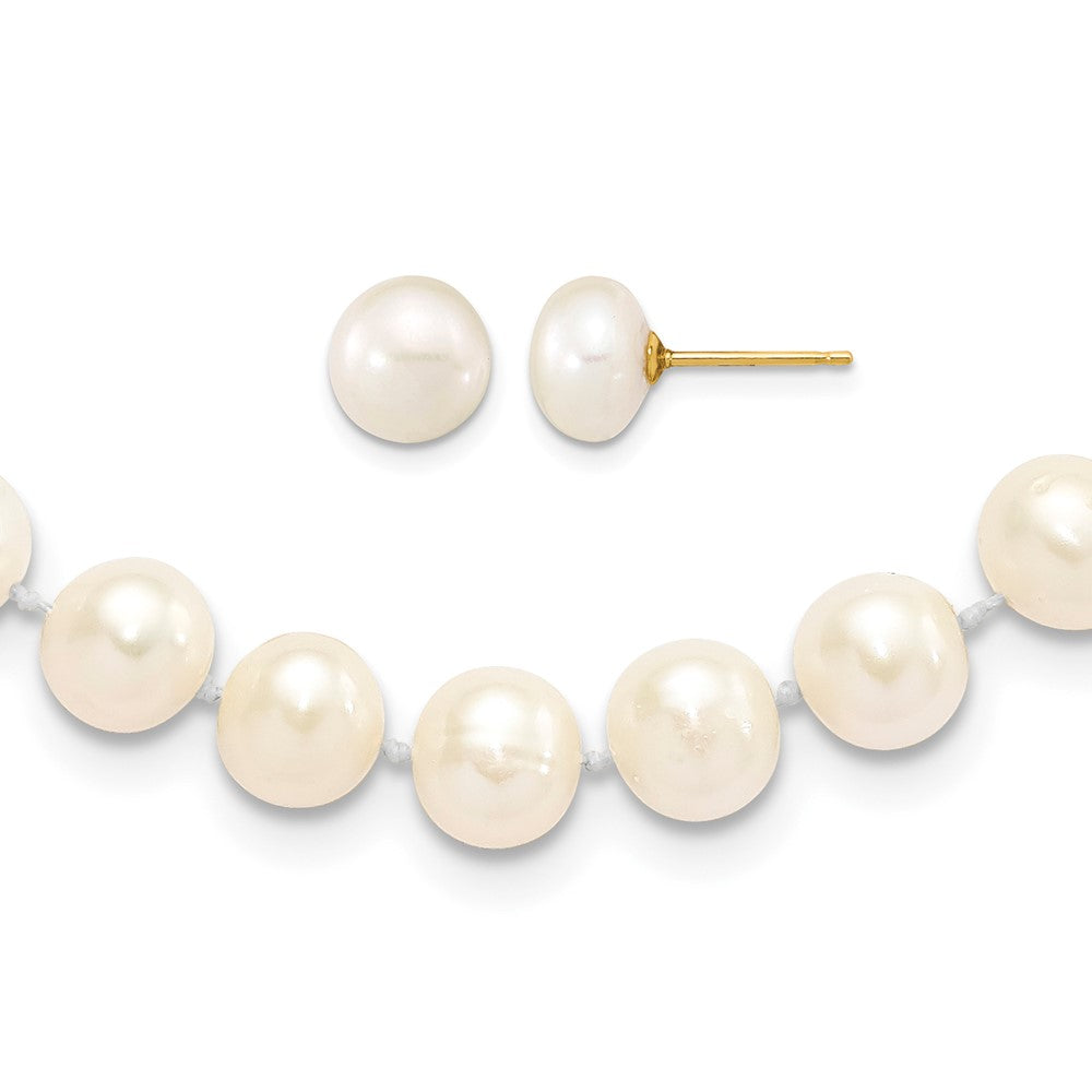 14K 7-8mm Near Round White FWC Pearl Necklace & Button Earring Set