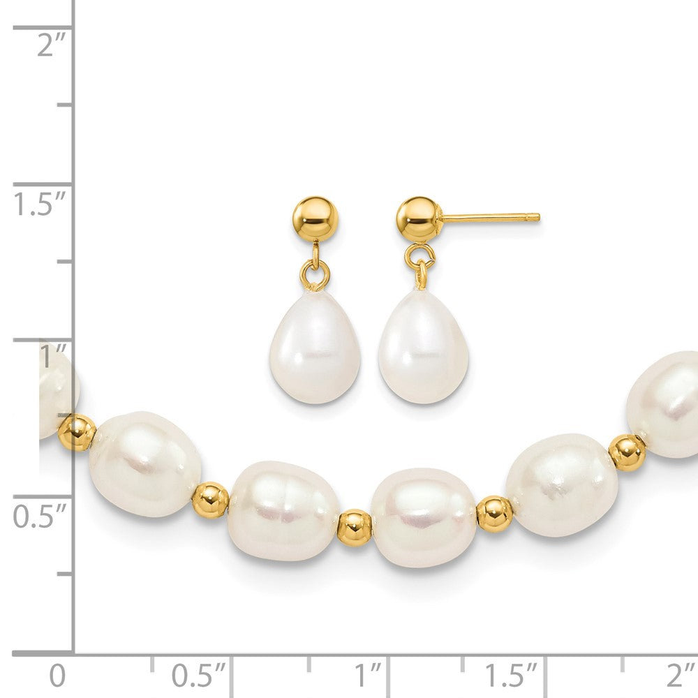 14k 7-8mm White FW Cultured Pearl Necklace and Bead Post Earring Set