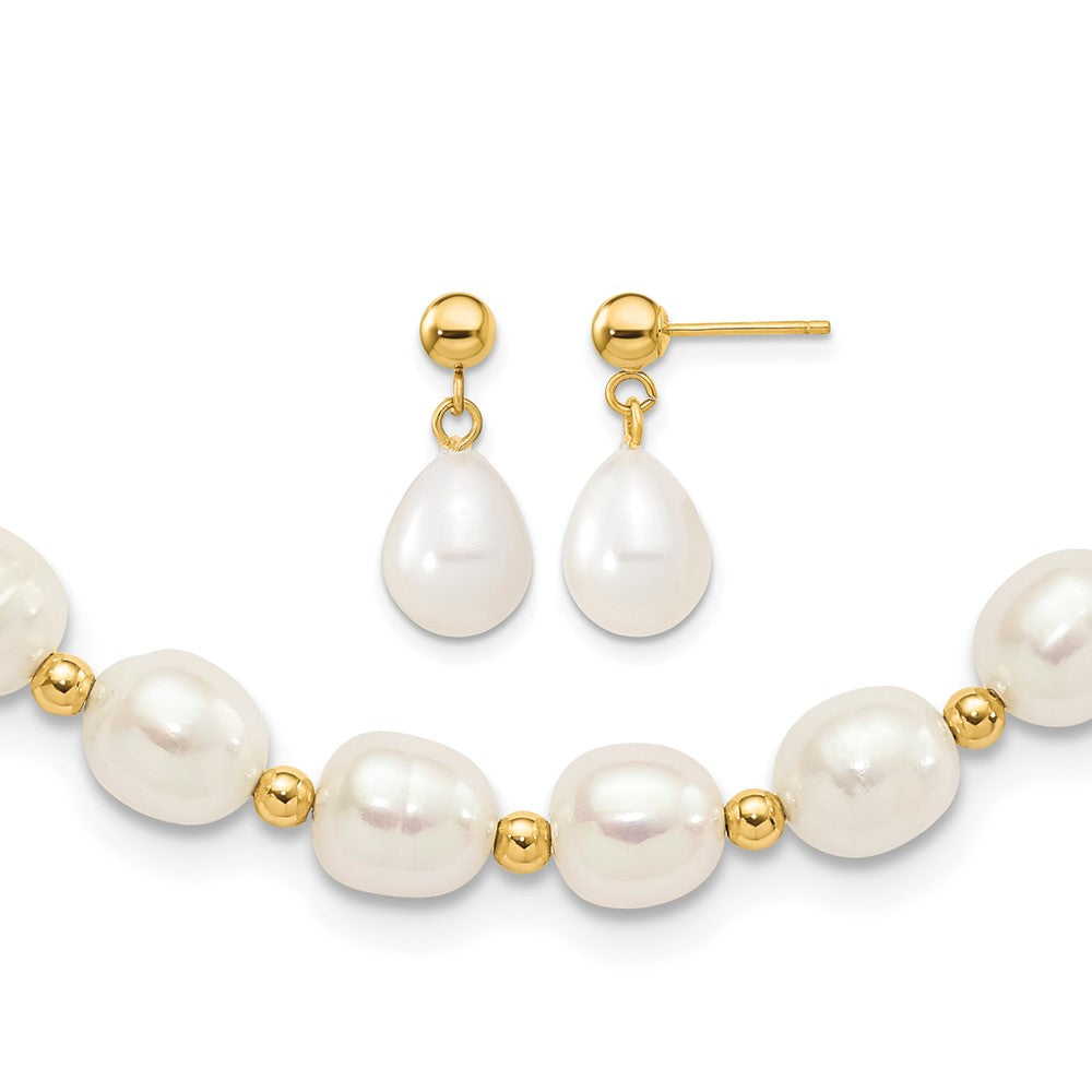14k 7-8mm White FW Cultured Pearl Necklace and Bead Post Earring Set