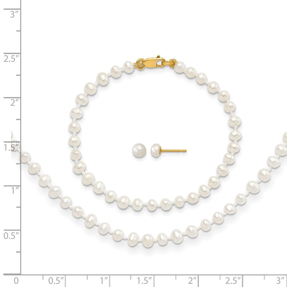 14k 3-4mm FW Cultured Pearl 14in Necklace, 5in. Bracelet & Earring Set