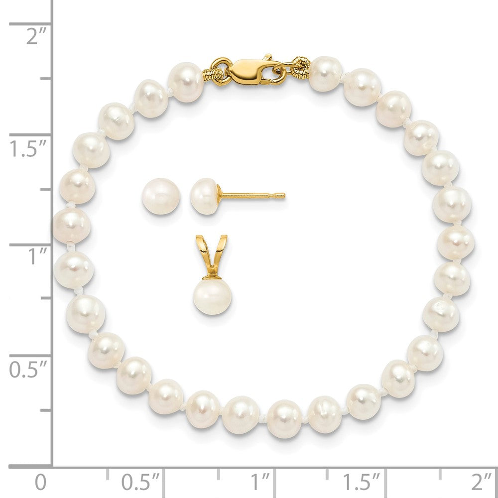14k 4-5mm White FW Cultured Pearl Pendant, 5in Bracelet & Earring Set