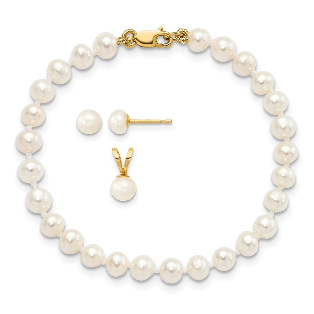 14k 4-5mm White FW Cultured Pearl Pendant, 5in Bracelet & Earring Set