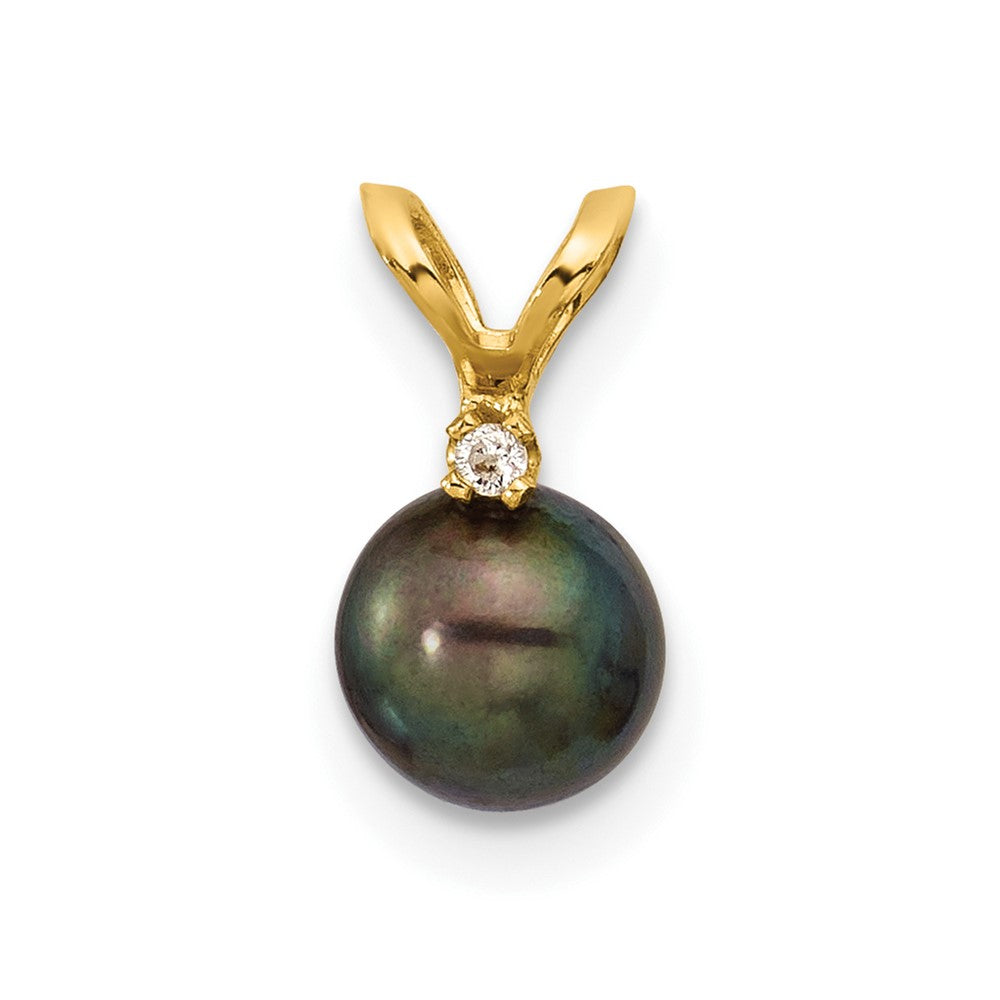 14K 5-6mm Round Black FWC Pearl and .01ct Diamond Pendant