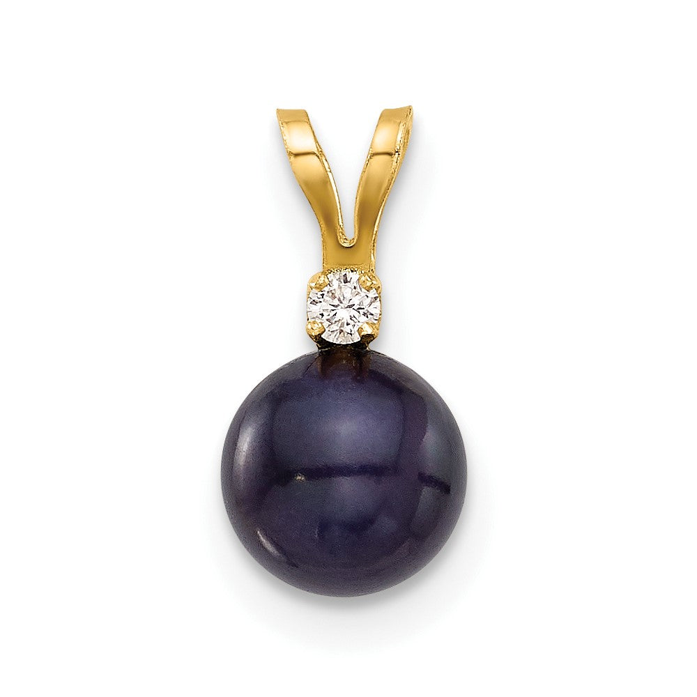 14K 6-7mm Round Black FWC Pearl and .03ct Diamond Pendant