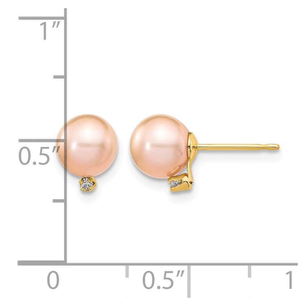 14k 5-6mm Pink Round Freshwater Cultured Pearl .02ct Diamond Post Earrings