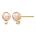 14k 6-7mm Pink Round Freshwater Cultured Pearl .06ct Diamond Post Earrings