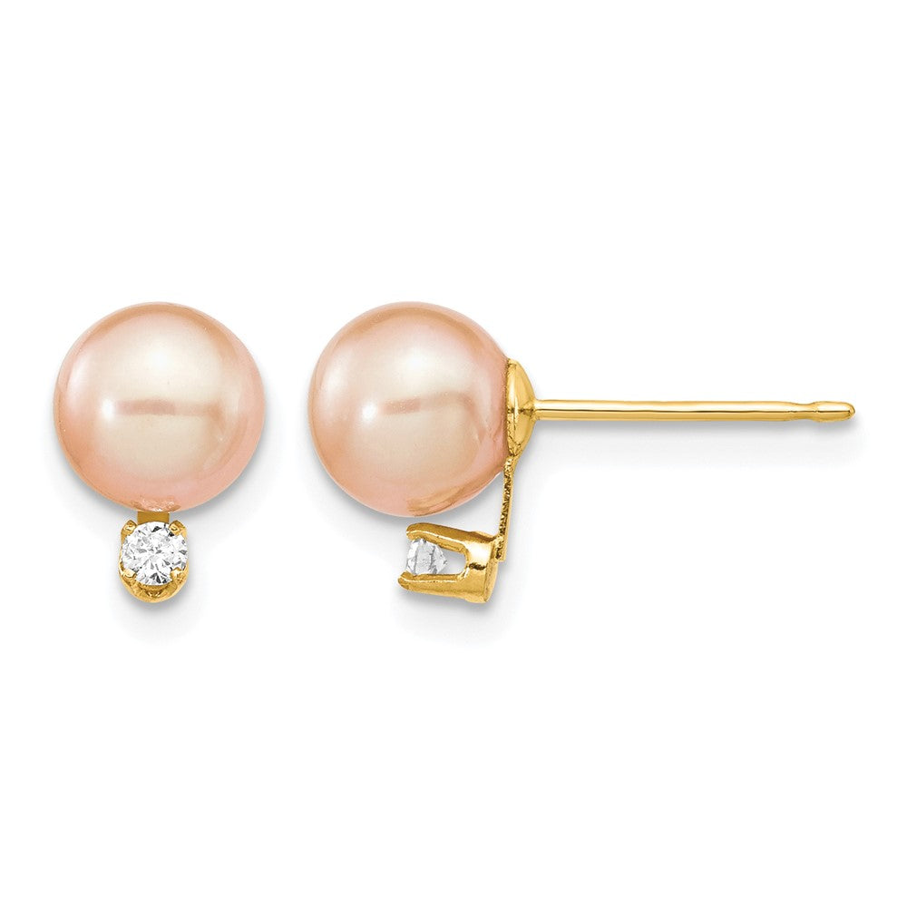 14k 6-7mm Pink Round Freshwater Cultured Pearl .06ct Diamond Post Earrings