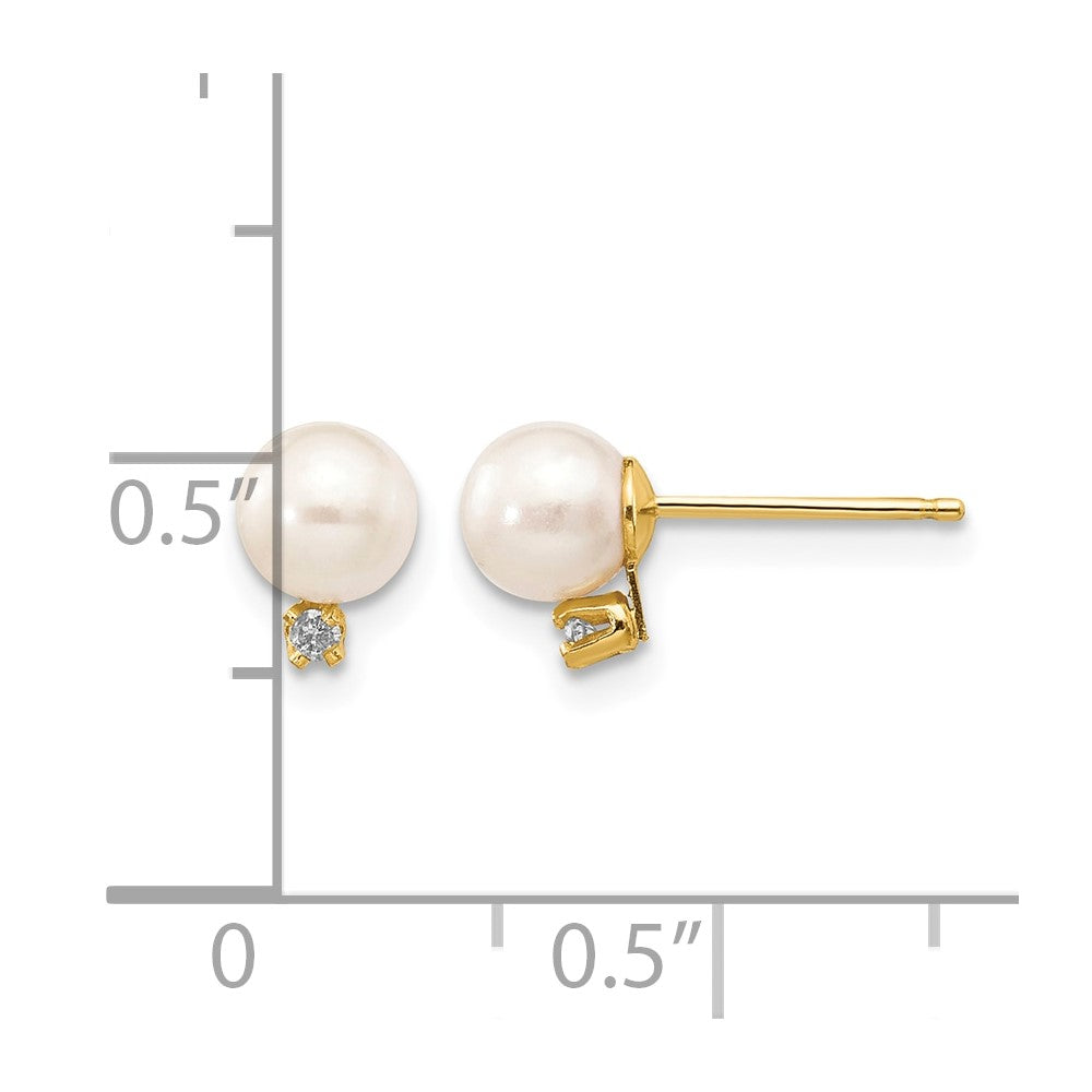 14k 5-6mm White Round Freshwater Cultured Pearl .02ct Diamond Post Earrings