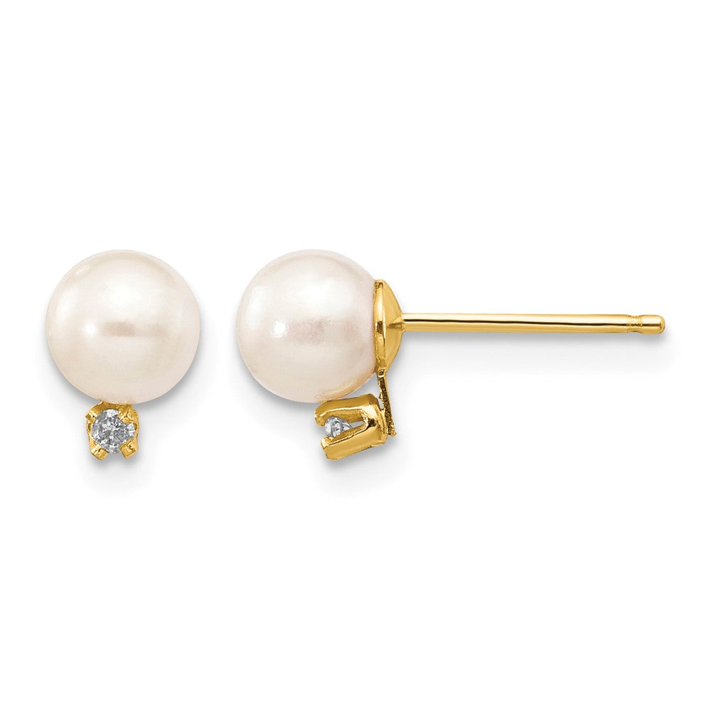 14k 5-6mm White Round Freshwater Cultured Pearl .02ct Diamond Post Earrings