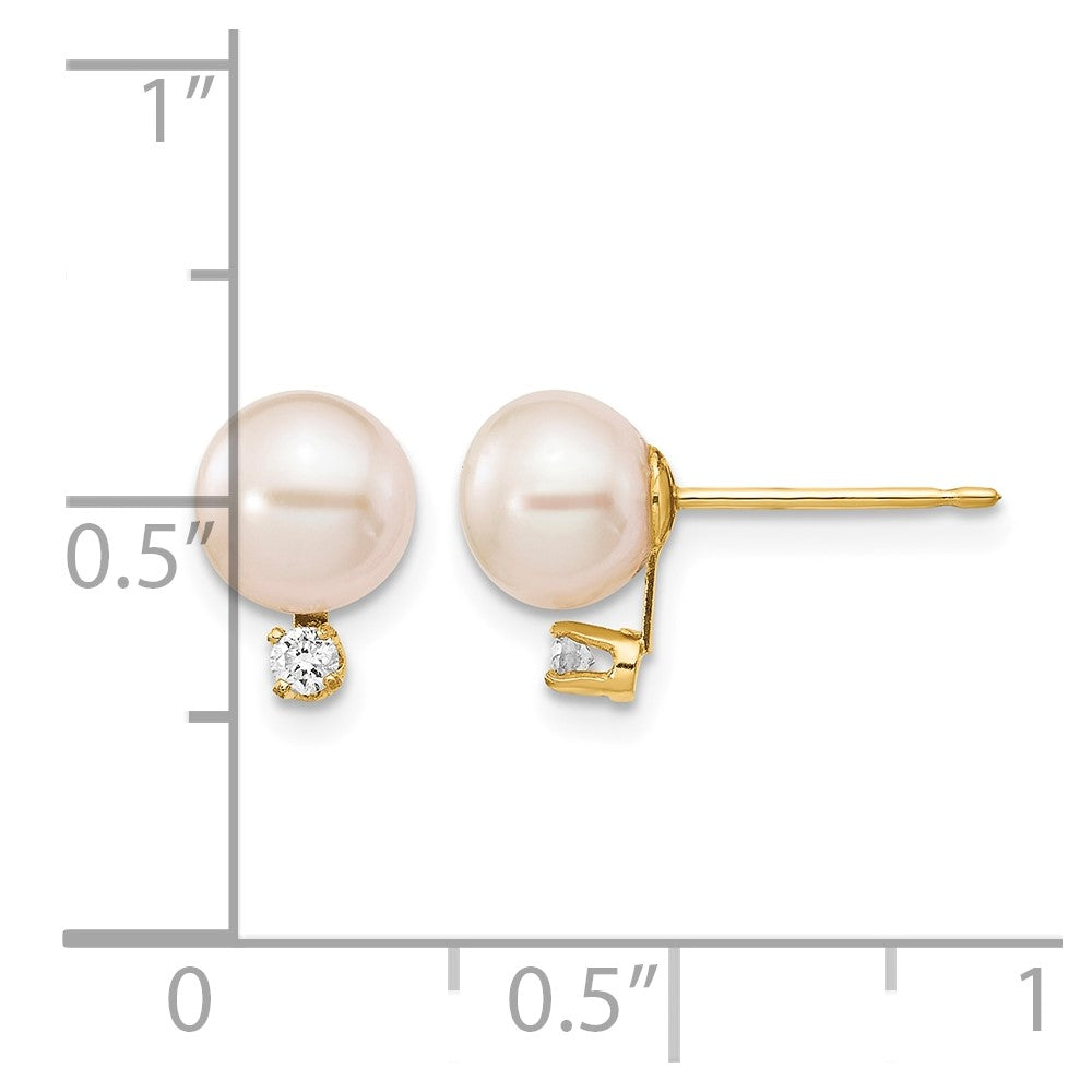 14k 6-7mm White Round Freshwater Cultured Pearl .06ct Diamond Post Earrings