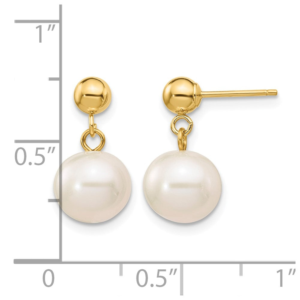 14k 8-8.5mm White Round Freshwater Cultured Pearl Post Dangle Earrings