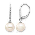 14k White Gold 8-9mm Round FWC Pearl .05ct Diamond Leverback Earrings