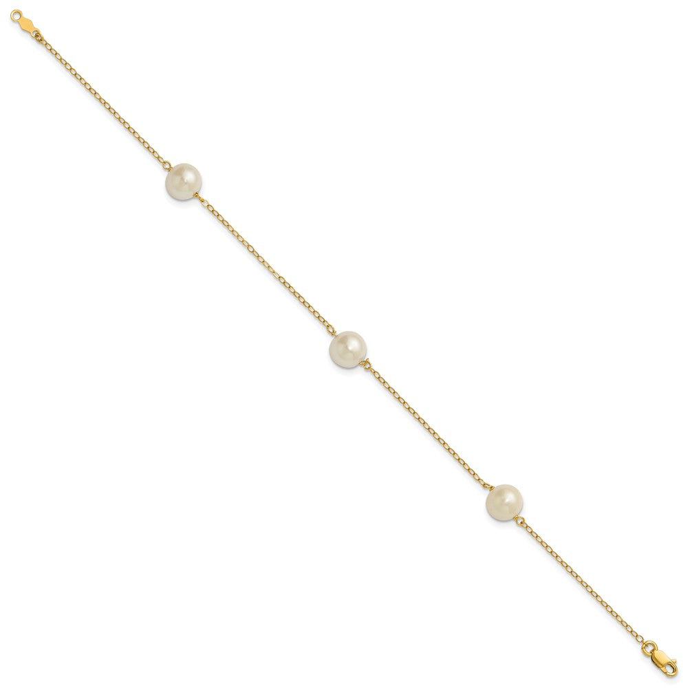 14K 7-8mm White Near Round Freshwater Cultured Pearl 3-station Bracelet