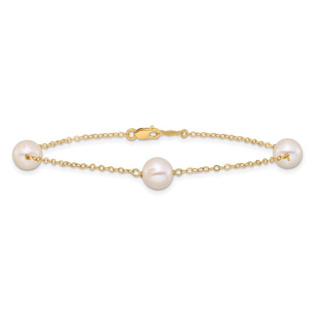 14K 7-8mm White Near Round Freshwater Cultured Pearl 3-station Bracelet