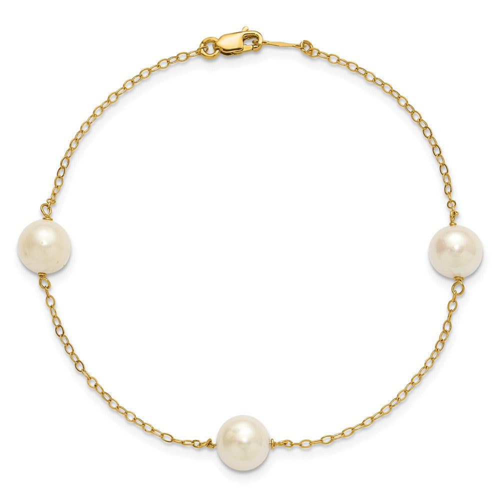 14K 7-8mm White Near Round Freshwater Cultured Pearl 3-station Bracelet